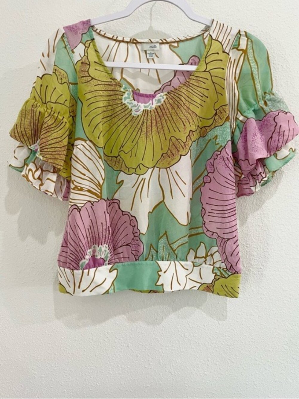 Anthropologie Silk Floral Pastel Top Ruffle Sleeve Feminine